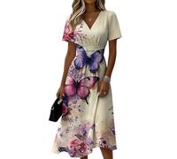 Sommerkleid Damen Blumenmuster V-Ausschnitt Kurzarm A-Linie Midikleid Lässiges Elegantes Tailliertes Bequemes Freizeitkleid Leichtes Luftiges Strandkleid Sommer Festlich Cocktailkleid(Lilarosa,XL)