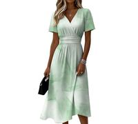 Sommerkleid Damen Blumenmuster V-Ausschnitt Kurzarm A-Linie Midikleid Lässiges Elegantes Tailliertes Bequemes Freizeitkleid Leichtes Luftiges Strandkleid Sommer Festlich Cocktailkleid(Grün,XL)