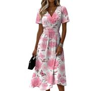 Sommerkleid Damen Blumenmuster V-Ausschnitt Kurzarm A-Linie Midikleid Lässiges Elegantes Tailliertes Bequemes Freizeitkleid Leichtes Luftiges Strandkleid Sommer Festlich Cocktailkleid(Rosa,XL)