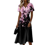 Sommerkleid Damen Blumenmuster V-Ausschnitt Kurzarm A-Linie Midikleid Lässiges Elegantes Tailliertes Bequemes Freizeitkleid Leichtes Luftiges Strandkleid Sommer Festlich Cocktailkleid(Schwarz,3XL)