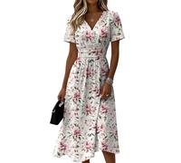 Sommerkleid Damen Blumenmuster V-Ausschnitt Kurzarm A-Linie Midikleid Lässiges Elegantes Tailliertes Bequemes Freizeitkleid Leichtes Luftiges Strandkleid Sommer Festlich Cocktailkleid(Rosa,3XL)