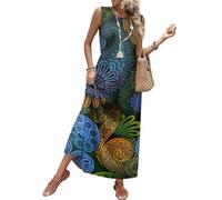 Sommerkleid Damen Bohemian Ethnisches Muster Ärmelloses Rundhals Maxikleid Lässiges Tailliertes Lockeres Strandkleid Mit Taschen Sommer Freizeit Leichtes Luftiges Strand Blusenkleid(Himmelblau,M)