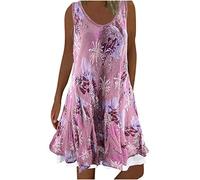 Sommerkleid Damen Boho Gemusterter Druck A-Linie Kleider Ärmellos Rundhals Tankkleid Splicing Midikleid Schulterfrei Partykleid Urlaubskleid Lose Freizeitkleid Strandkleid Skaterkleid