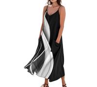 Sommerkleid Damen Boho Lang A Linie Trägerkleid Damen Sommer Maxi Blumen V Ausschnitt Sommerkleider Leicht Und Luftig Strandkleid Lang Baumwolle Leinen Kleider Spaghettiträger mit Taschen
