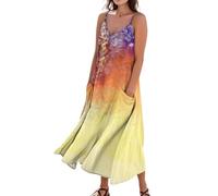 Sommerkleid Damen Boho Lang A Linie Trägerkleid Damen Sommer Maxi Blumen V Ausschnitt Sommerkleider Leicht Und Luftig Strandkleid Lang Baumwolle Leinen Kleider Spaghettiträger mit Taschen