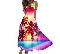 Sommerkleid Damen Bunte Aloha Gedruckt V-Ausschnitt Ärmellos Maxi Kleider Elegante A-Linie Swing Wickelkleider Langes Hawaii Sommerkleider Lässige Lose Maxikleider Bunte Freizeitkleider für Frauen