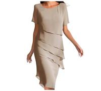 Sommerkleid Damen Chiffon Rundhalsausschnitt Kurzärmeliges Kleid Einfarbig Elegant Lässig Locker A-Linie Swing Cocktailkleid Knielang Abendkleid