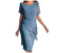 Sommerkleid Damen Chiffon Rundhalsausschnitt Kurzärmeliges Kleid Einfarbig Elegant Lässig Locker A-Linie Swing Cocktailkleid Knielang Abendkleid