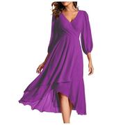 Sommerkleid Damen, Chiffonkleid Damen Boho Sommerkleid Strand Sommer Hochzeitsgast Kleid mit V-Ausschnitt Leicht Frühlingskleid Chiffon Elegant Maxikleid Lange Wickelkleid 3/4 Arm Strandkleid