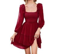 Sommerkleid Damen, Chiffonkleid Damen Rückenfreies Kleid Einfarbig mit Quadratischem Ausschnitt Sommerkleid Freizeitkleid Langarm A-Linien Prinzessin Kleid Knielang Abendkleider