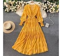 Sommerkleid Damen, Damen-Boho-Kleid, Elegantes Plissee-Midikleid, 3/4 Laternenärmel, Urlaubskleid, Separate Hosenträger, Kordelzug, Elastische Taille Für Büro, Freizeit, Sommer-Damenkleid, Gelb