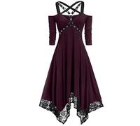 Sommerkleid Damen,Damen Gothic High-Low Kleid Punk Cross Bandage Midikleid Vintage Renaissance Kleid Sexy Off Shoulder Spitzenbesatz Kleid A-Linie Sommerkleider Cosplay Halloween Kleid,Burgunderrot,