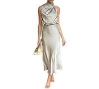 Sommerkleid Damen,Damen-Midikleider Aus Satin, Elegant, Solide, Mit Neckholder, Ärmellose Kleider, Sommermode, A-Linie, Fließende Swing-Sommerkleider, Party-Cocktail, Sexy Maxikleider Mit Reißver