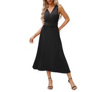 Sommerkleid Damen,Damen-Sommer-Chiffon-Kleid, Solide, Schmal, Midi-Kleider, Ärmelloses V-Ausschnitt, Schnürung, Faltenkleid, Elegante A-Linie, Fließendes Swing-Wickelkleid, Cocktailparty-Kleider