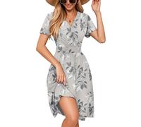 Sommerkleid Damen, Damen Sommerkleid Kurze Blumen Knielänge Floral Kleider Hohe Taille Midikleid Elegant V-Ausschnitt Wrap Kleid Casual Dress mit Flowy Hem L C Gray