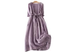 Sommerkleid Damen, Damenkleid Aus Baumwolle Und Leinen, Sommerkleid Mit Kurzen Ärmeln, O-Ausschnitt, Weich, Atmungsaktiv, Faltenkleid, Taillenbindung, Boho Für Party, Bankett, Strandurlaub,Lila,L