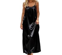 Sommerkleid Damen Einfarbig Ärmellos Spaghettiträger Maxikleid Locker Fließendes Cami-Kleid Lässiges Rückenfrei Freizeitkleid mit Schlitz Sommer Casual Urlaub Alltag Strandkleid(Schwarz,L)