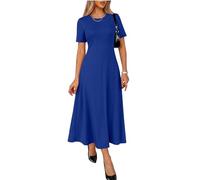 Sommerkleid Damen Einfarbig Rundhals Tailliertes Kurzarm A-Linie Freizeitkleid Lässig Leicht Luftiges Strandkleider Sommer Elegant Casual Schick Formendes Partykleid(Armeegrün,L)