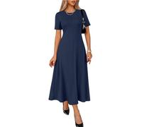Sommerkleid Damen Einfarbig Rundhals Tailliertes Kurzarm A-Linie Freizeitkleid Lässig Leicht Luftiges Strandkleider Sommer Elegant Casual Schick Formendes Partykleid(Blau,M)