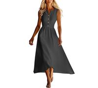 Sommerkleid Damen Einfarbiges Split V-Ausschnitt Ärmelloses Midikleid Mit Knopfleiste Tailliertes A-Linie Lässiges Freizeitkleid Lockeres Leichtes Luftiges Strandkleid(Dunkelgrau,XXL)