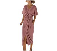 Sommerkleid Damen Einfarbiges V-Ausschnitt Kurzarm Midikleid Mit Bindegürtel Lässiges Lockeres Tailliertes Cocktailkleid Elegantes Hohe Taillier Partykleid Leicht Luftig Freizeitkleid(Rosa,M)
