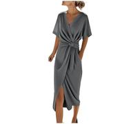 Sommerkleid Damen Einfarbiges V-Ausschnitt Kurzarm Midikleid Mit Bindegürtel Lässiges Lockeres Tailliertes Cocktailkleid Elegantes Hohe Taillier Partykleid Leicht Luftig Freizeitkleid(Grau,M)