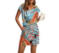 Sommerkleid Damen Elegant A Linie Vintage Kleider Damen Sommer Kurz mit Ärmel Sommerkleider Leicht mit Taschen Damenkleider V Ausschnitt Tailliertes Kleid Frauen mit Gürtel Minikleid