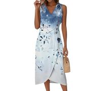 Sommerkleid Damen Elegant,Ärmelloses Rundhals Strandkleid Luftig Ärmellos V-Ausschnitt Kleider Blumenmuster Wickelkleid A-Linie Midikleid Elegant Festlich Sommer Kleid Casual Classic(1-Weiß,XL)