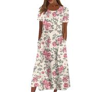 Sommerkleid Damen Elegant Blumen Kleider Damen Sommer A Linie Midi Strandkleid Leicht Und Luftig Damenkleider mit Ärmeln Kleid Frauen mit Taschen Blumenkleid Kurzarm Schicke Midikleid