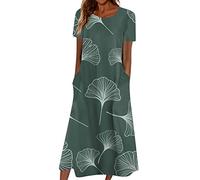 Sommerkleid Damen Elegant Blumen Kleider Damen Sommer A Linie Midi Strandkleid Leicht Und Luftig Damenkleider mit Ärmeln Kleid Frauen mit Taschen Blumenkleid Kurzarm Schicke Midikleid