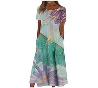 Sommerkleid Damen Elegant Blumen Kleider Damen Sommer A Linie Midi Strandkleid Leicht Und Luftig Damenkleider mit Ärmeln Kleid Frauen mit Taschen Blumenkleid Kurzarm Schicke Midikleid