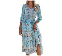 Sommerkleid Damen Elegant Blumen Midi Kleid Sommer V Ausschnitt Ibiza Style Kleider Boho Lang Hippie Kleidung Damen Bohemian Sommerkleider Leicht Und Luftig Midikleid 3/4 Ärmel Strandkleid