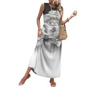 Sommerkleid Damen Elegant Blumenmuster Ärmelloses Rundhals Maxikleid Tailliertes Lässiges Lockeres Druck Strandkleid Mit Taschen Sommer Leichtes Luftiges Boho Freizeitkleid(Weiß,3XL)