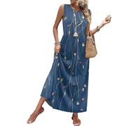 Sommerkleid Damen Elegant Blumenmuster Ärmelloses Rundhals Maxikleid Tailliertes Lässiges Lockeres Druck Strandkleid Mit Taschen Sommer Leichtes Luftiges Boho Freizeitkleid(Blau,XL)