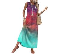 Sommerkleid Damen Elegant Blumenmuster Ärmelloses Rundhals Maxikleid Tailliertes Lässiges Lockeres Druck Strandkleid Mit Taschen Sommer Leichtes Luftiges Boho Freizeitkleid(Cyan,XL)