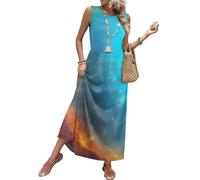 Sommerkleid Damen Elegant Blumenmuster Ärmelloses Rundhals Maxikleid Tailliertes Lässiges Lockeres Druck Strandkleid Mit Taschen Sommer Leichtes Luftiges Boho Freizeitkleid(Himmelblau,3XL)