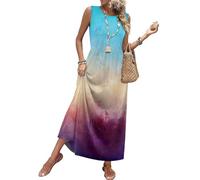 Sommerkleid Damen Elegant Blumenmuster Ärmelloses Rundhals Maxikleid Tailliertes Lässiges Lockeres Druck Strandkleid Mit Taschen Sommer Leichtes Luftiges Boho Freizeitkleid(Khaki,XL)