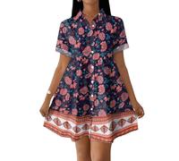 Sommerkleid Damen Elegant Blusenkleid Damen Sommer Swing Kleid A Linie Boho Strandkleid Casual Shirtkleid Kurzarm Sommerkleider Leicht Und Luftig Hemdblusenkleid Locker Minikleid