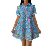 Sommerkleid Damen Elegant Blusenkleid Damen Sommer Swing Kleid A Linie Boho Strandkleid Casual Shirtkleid Kurzarm Sommerkleider Leicht Und Luftig Hemdblusenkleid Locker Minikleid
