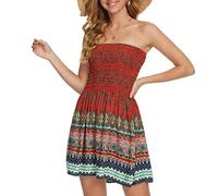 Sommerkleid Damen Elegant Boho Kleid Bandeau Kleid Kurz Schulterfrei Kleid Freizeitkleid Strandkleid Cocktailkleid Farbverlauf Druck Minikleid Stretch Faltenkleid Party Outfit 01 Wein S