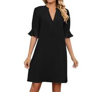 Sommerkleid Damen Elegant Einfarbig V-Ausschnitt Halbarm Knielang Kleider Frauen Leichte Swing Blusen Kleid Casual A-Linie Kleider Sommer Lose Beach Kleid Freizeitkleid Tunika Strandkleid Shirtkleid