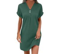 Sommerkleid Damen Elegant Einfarbig V-Ausschnitt Kurze Ärmel Kurz Kleid mit Taste Lässige Tunika Kleid Hemdkleid Bohemien Kleid Strand Kleid Freizeit Kleid Minikleid für Strand