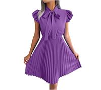 Sommerkleid Damen Elegant Einfarbige Plisseekleid Rüschen Partykleid mit Rollkragen Ärmellos Bogen A-Linie Kleider Urlaubskleid mit zurückgezogener Taille Knielang Freizeitkleid Skaterkleid