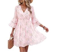 Sommerkleid Damen Elegant Einfarbiges V-Ausschnitt 3/4-Ärmel Rüsche Minikleid A-Linie Tailliertes Lässiges Cocktailkleid Chiffon Freizeitkleid Festlich Hochzeitsgast Kleider(Rosa,XXL)