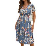 Sommerkleid Damen Elegant Festlich Kleid A Linie Strandkleid Damen Luftig Blumenkleid Hohe Taille Curvy Kleider V Ausschnitt Tailliert Sommerkleider Leicht Sommer Midikleid mit Ärmel