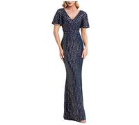 Sommerkleid Damen Elegant Geschenke für Frauen A-Linie Tüll Brautjungfer Partykleid Kurze Ärmel Lang Rundhals Blusenkleid Shirtkleid Tunika Knielang Mit Tasche Vintage V-Ausschnitt Ärmellose Part