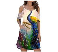 Sommerkleid Damen Elegant Geschenke für Frauen Blumendruck V-Ausschnitt Lange Ärmel Abendkleider V-Ausschnitt Rückenfrei Neckholde Plisse Abendkleider Baumwolle Maxi Elegante Boho Sommer Lose S
