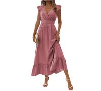 Sommerkleid Damen Elegant Hochzeitsgast Lang Festliche Kleider Für Hochzeit Maxikleid Damen Sommer Tailliert A Linie Kleid Rüschen Plissee Lange Abendkleider V Ausschnitt Sommerkleider Leicht Maxi