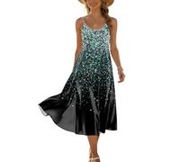 Sommerkleid Damen Elegant Kleid Damen Trägerkleid Midikleid mit Spaghettiträgern Leopardenmuster Rundhalsausschnitt Gestuft Leicht Luftig Freizeitkleid für Alltag XXL C Light Green