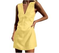 Sommerkleid Damen Elegant Kleider Ärmellos V-Ausschnitt Leinenkleid Midikleid A-Linie Einfarbig Kleid Casual Tunika Kleid Locker Sommer Kleider Freizeitkleid Strandkleid S-XXL